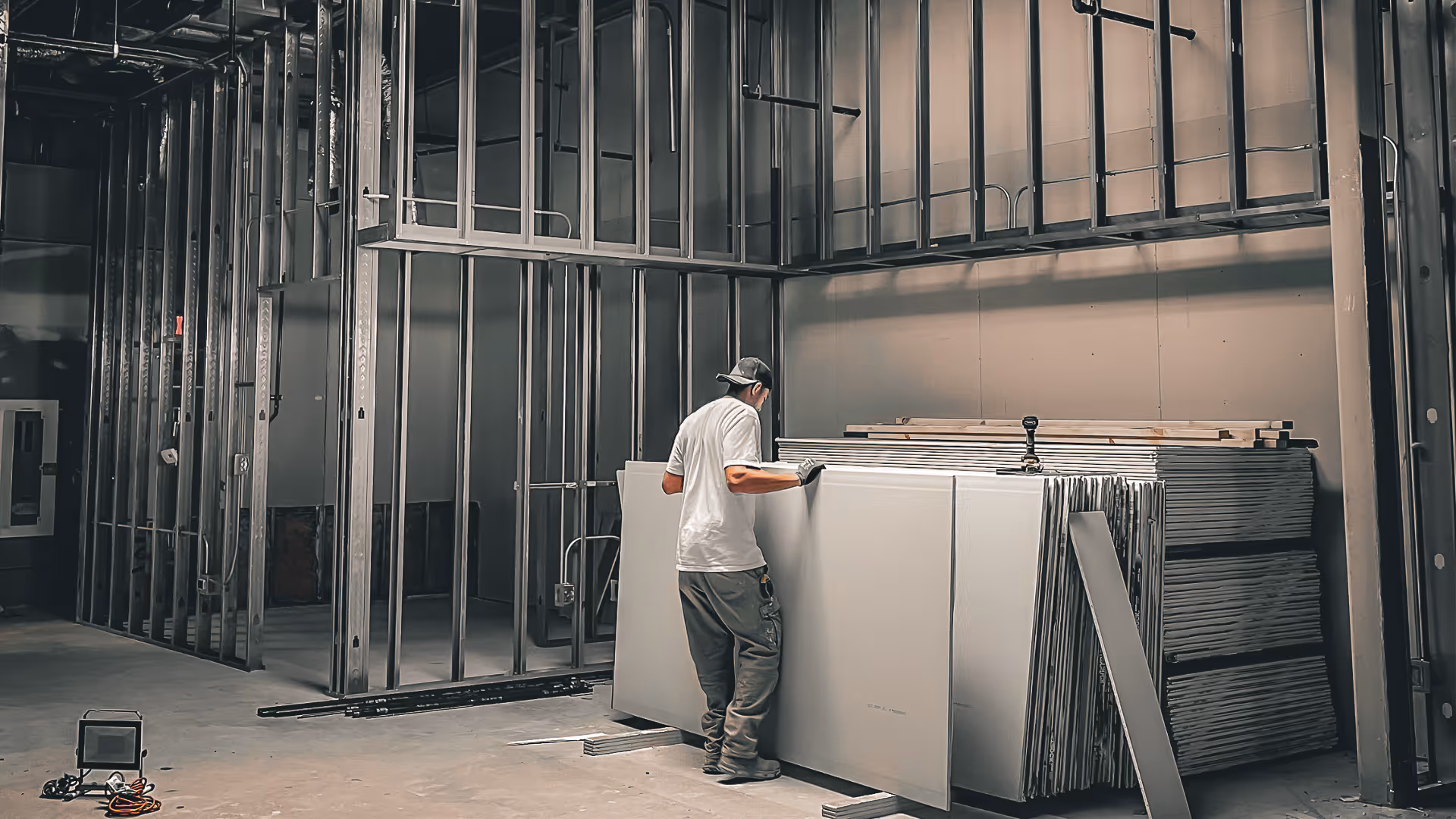 A builder moving drywall in a commercial space with metal framing