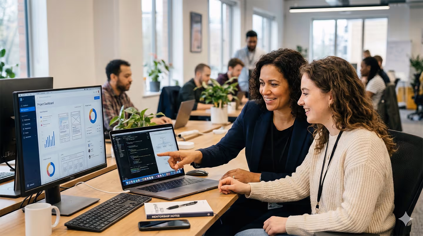 Two women at an office desk, one pointing at a laptop screen displaying code and charts, with a book titled 'MENTORSHIP NOTES' nearby.