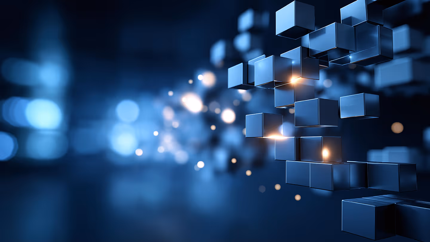 Floating metallic blue cubes with glowing points on dark blue bokeh background.
