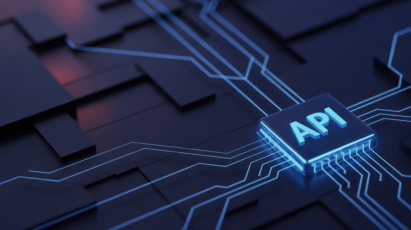 3D chip labeled API with glowing blue circuit lines connecting to a dark background.