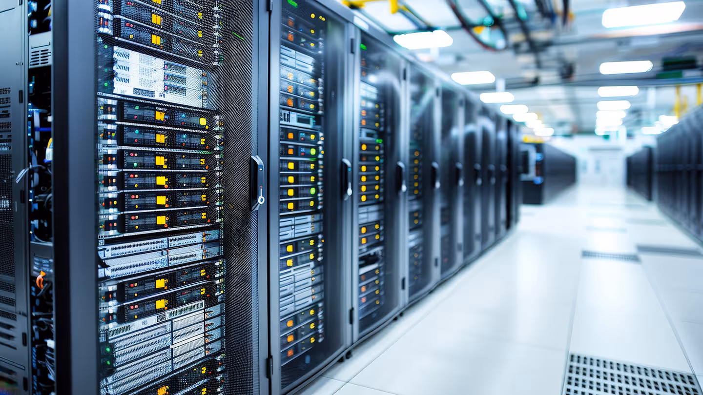 Rows of server racks with lit status lights in a clean, brightly lit data center corridor.