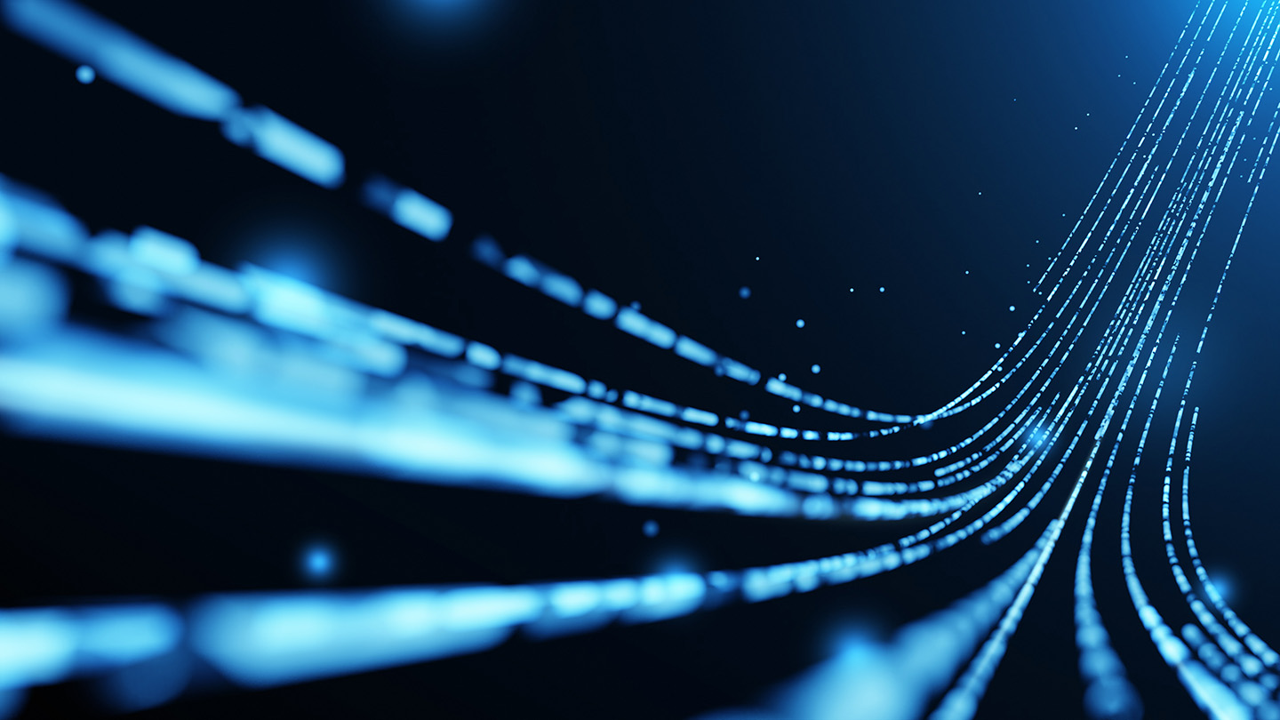 Blue glowing lines and dots curved upward on a dark background representing data flow or connections.