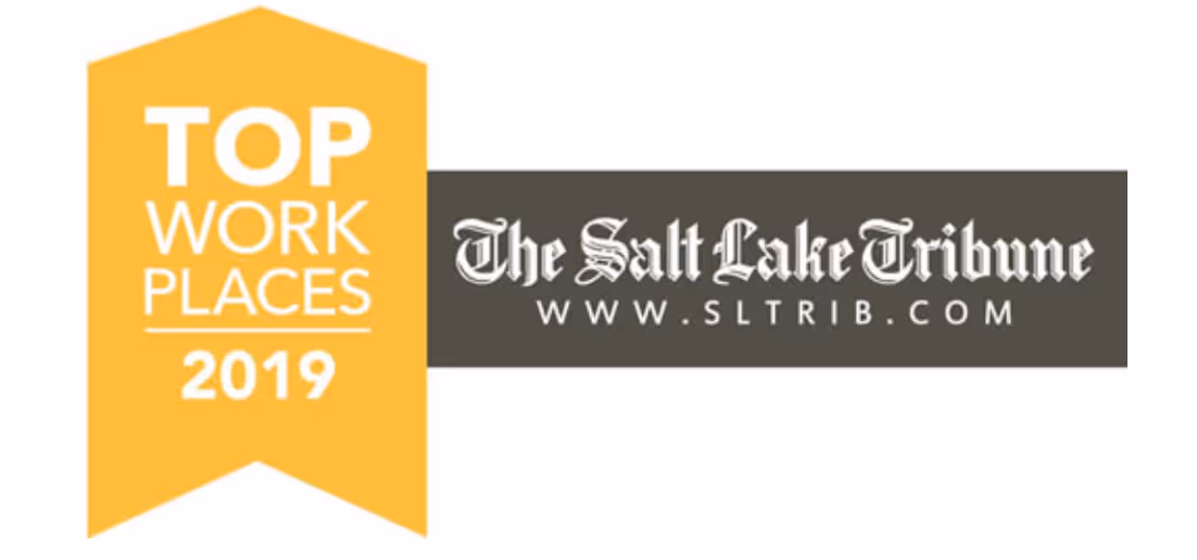 Yellow banner reading 'Top Workplaces 2019' next to The Salt Lake Tribune logo and website URL www.sltrib.com.