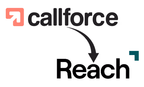 Callforce logo with an arrow pointing to the Taskmo logo, indicating rebranding or transition.