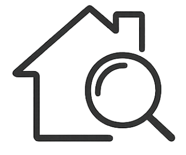 Outline of a house with a magnifying glass overlapping its front side, symbolizing home inspection or search.