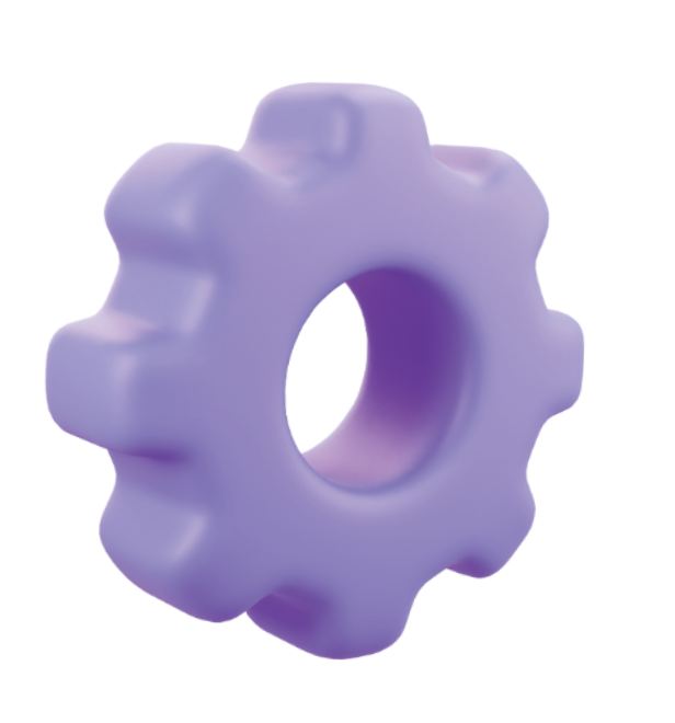3D purple gear icon with a hollow center and rounded edges.