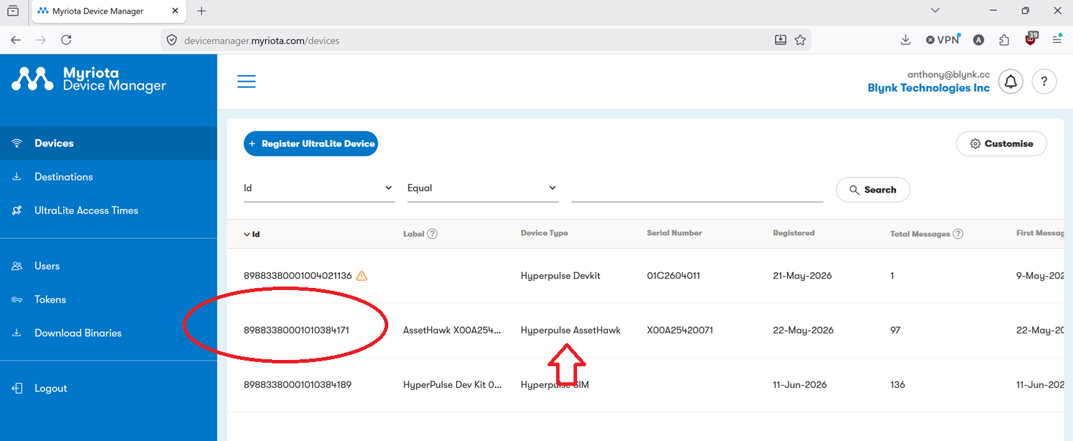 Myriota Device Manager — Devices