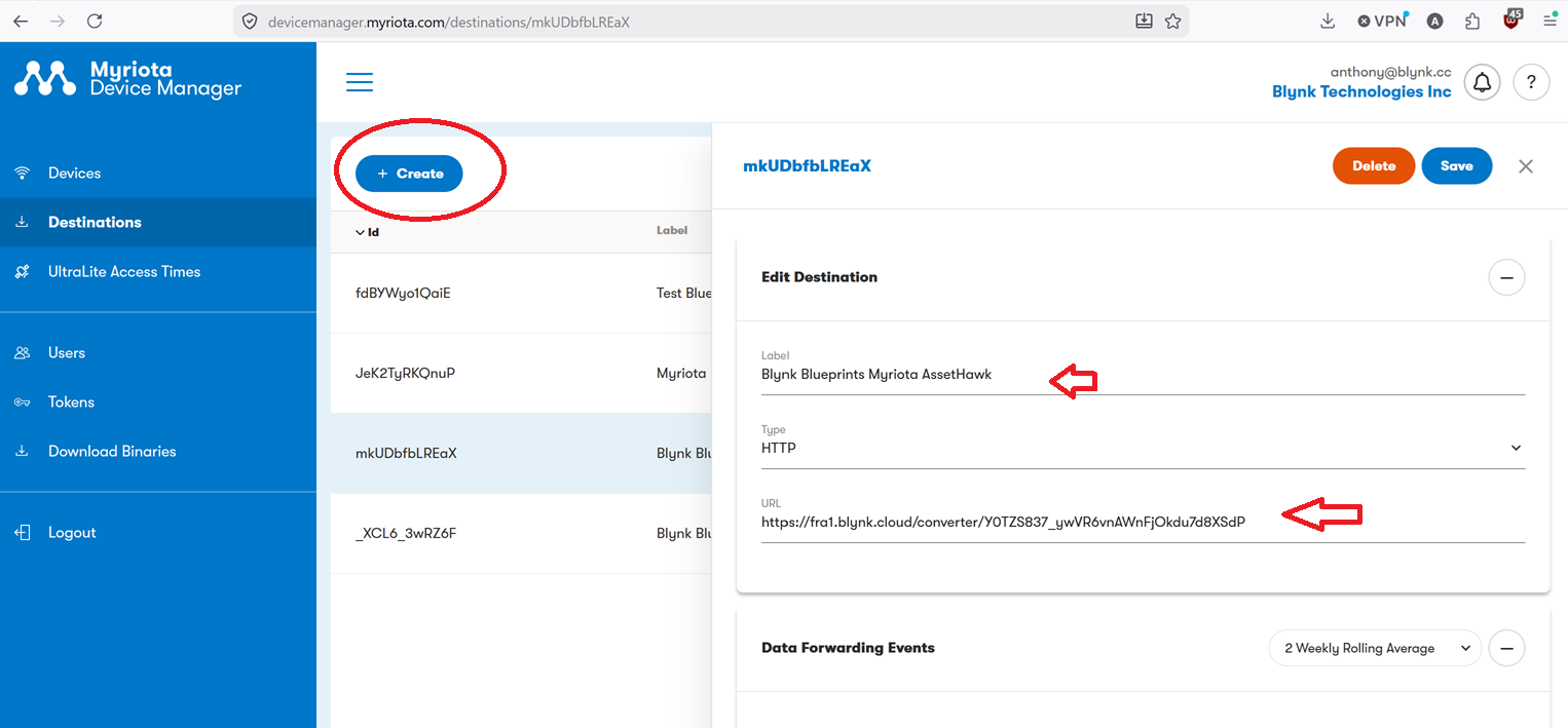 Myriota Device Manager Destination