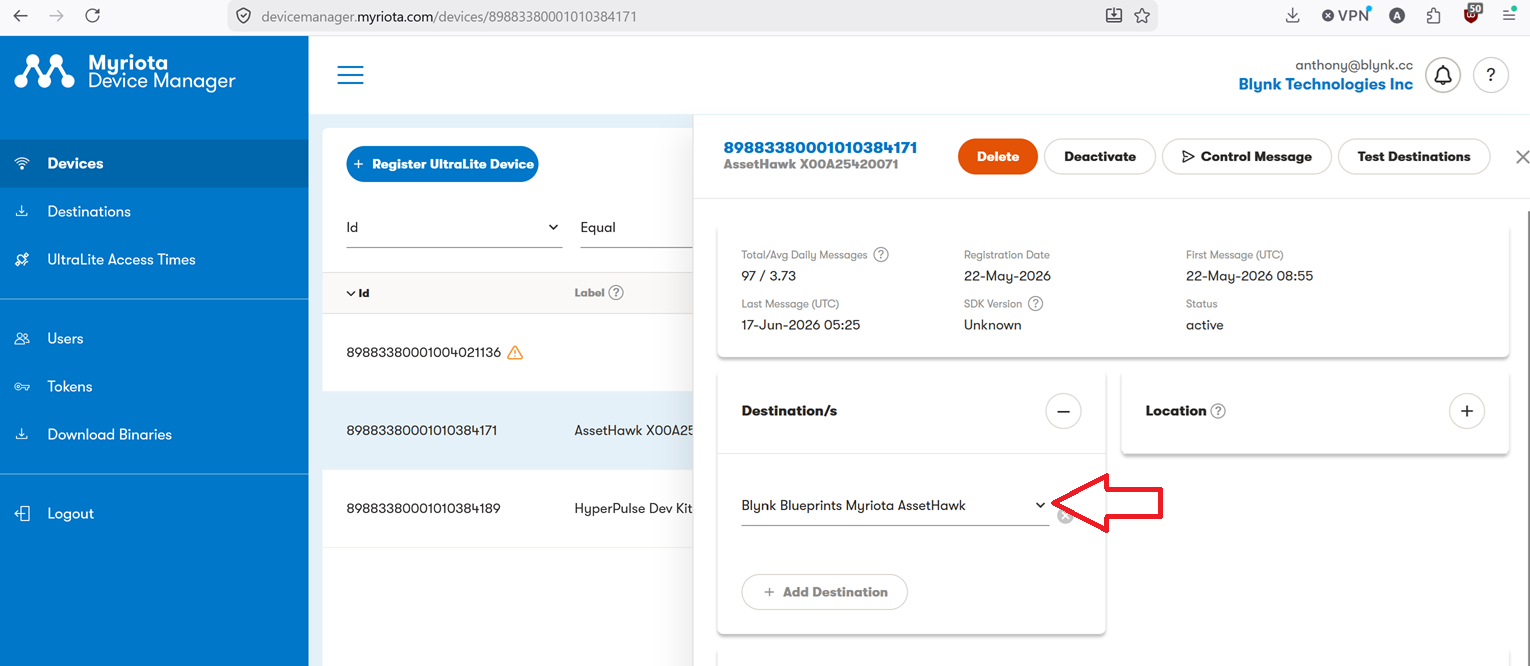 Myriota Device Manager Device Destination