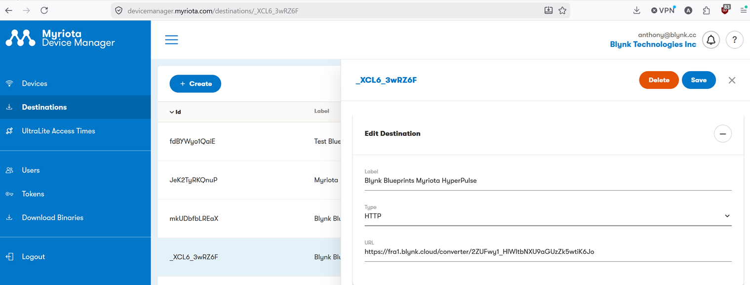 Myriota Device Manager Destination