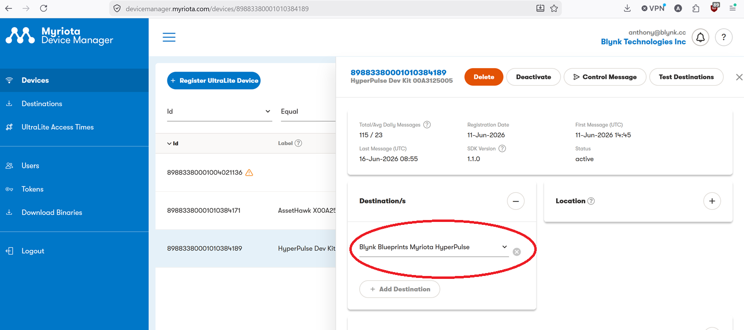 Myriota Device Manager Device Destination