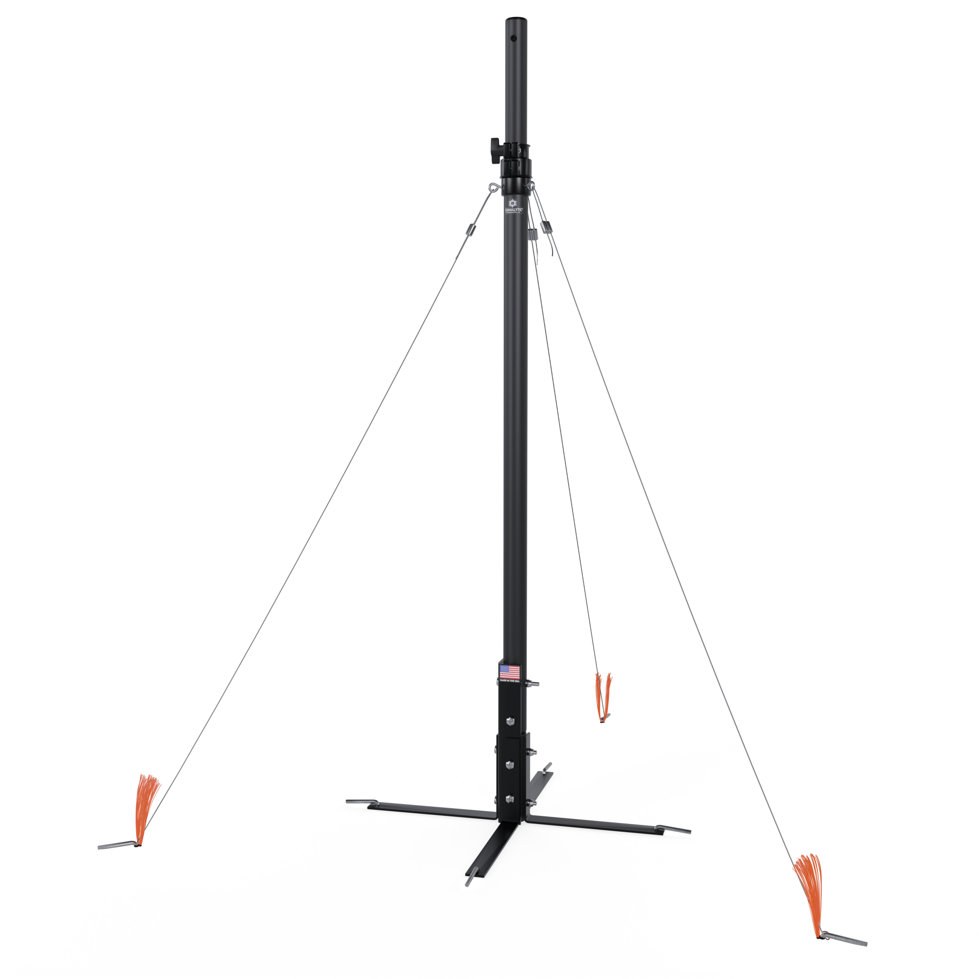 A black telescoping pole mount with 3 guy-wires anchoring it to the ground.