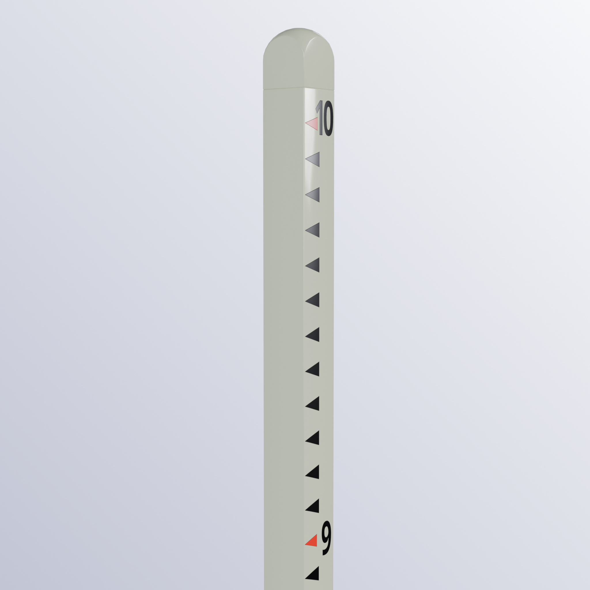 A tall white metal post with numeral markings.