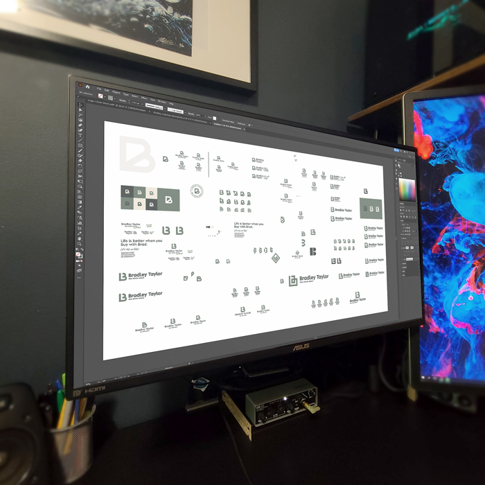 Computer screen showing many logo concepts.