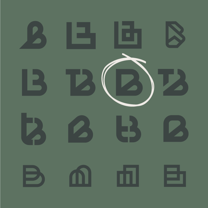 Arrangements of several logo concepts on an olive background with the final logo circled in white.