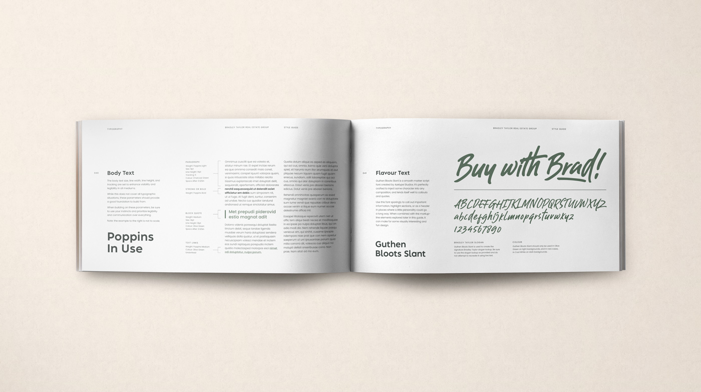 Bradley Taylor style guide laying open on a table.