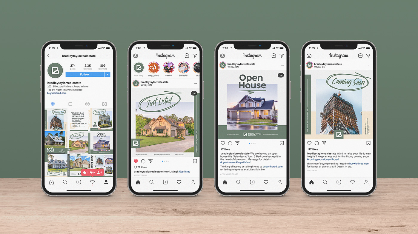 Four iPhones showing Bradley Taylor social media graphics created for Instagram.