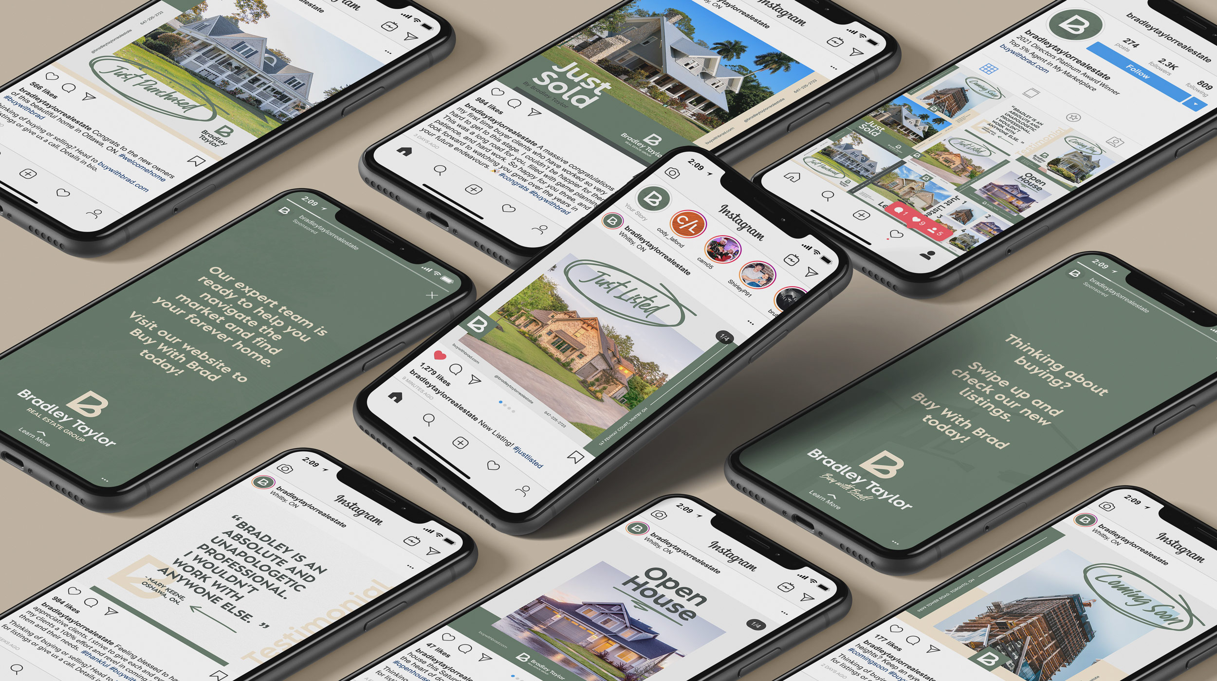 Collection of iPhones showing Bradley Taylor social media graphics created for Instagram.