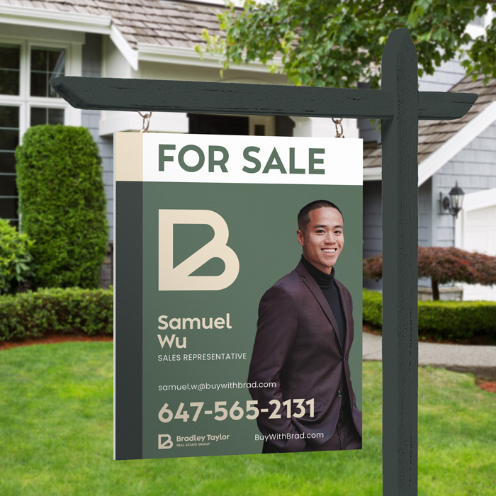 Bradley Taylor real estate lawn sign showing Samuel Wu.