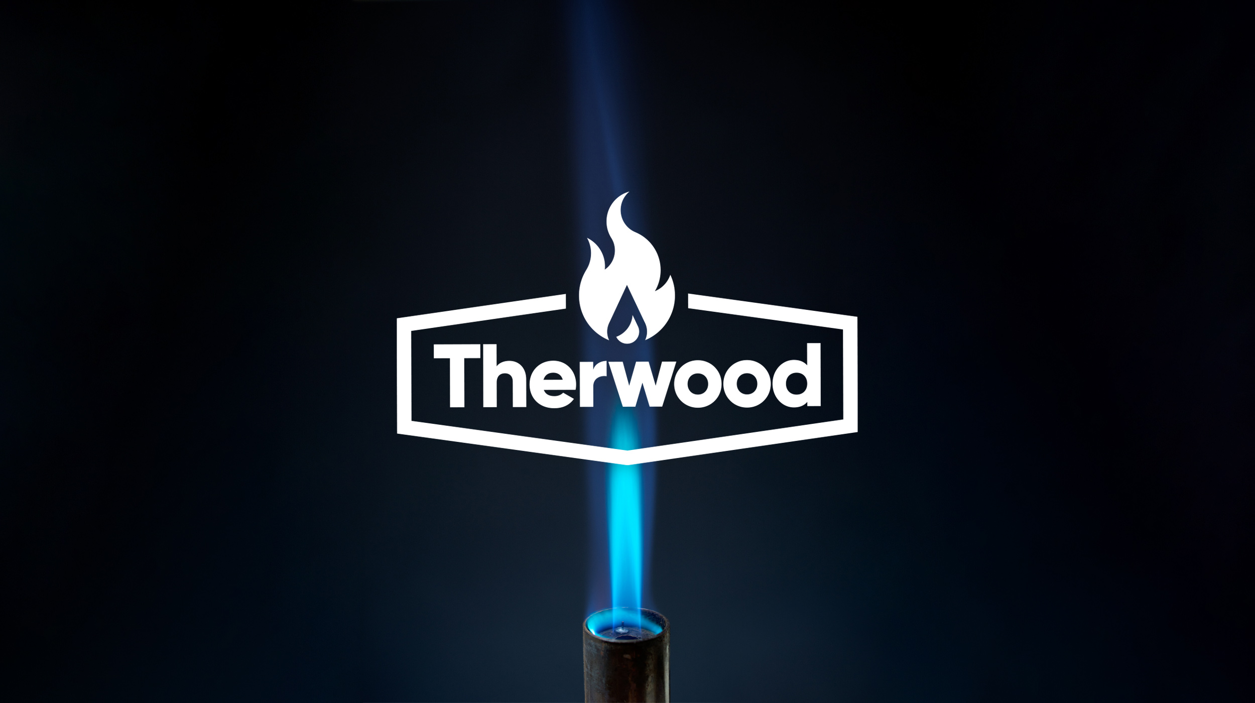 The Therwood logo imposed over a flame
