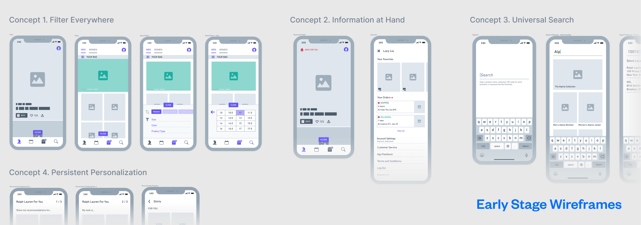 Wireframes of mobile ecommerce app