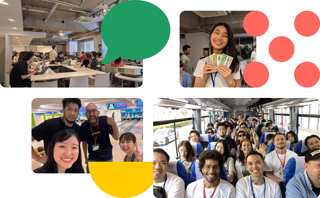 Collage showing a group meeting in an office, a smiling woman holding cards, friends posing at a bowling alley, and a bus full of people smiling and waving.