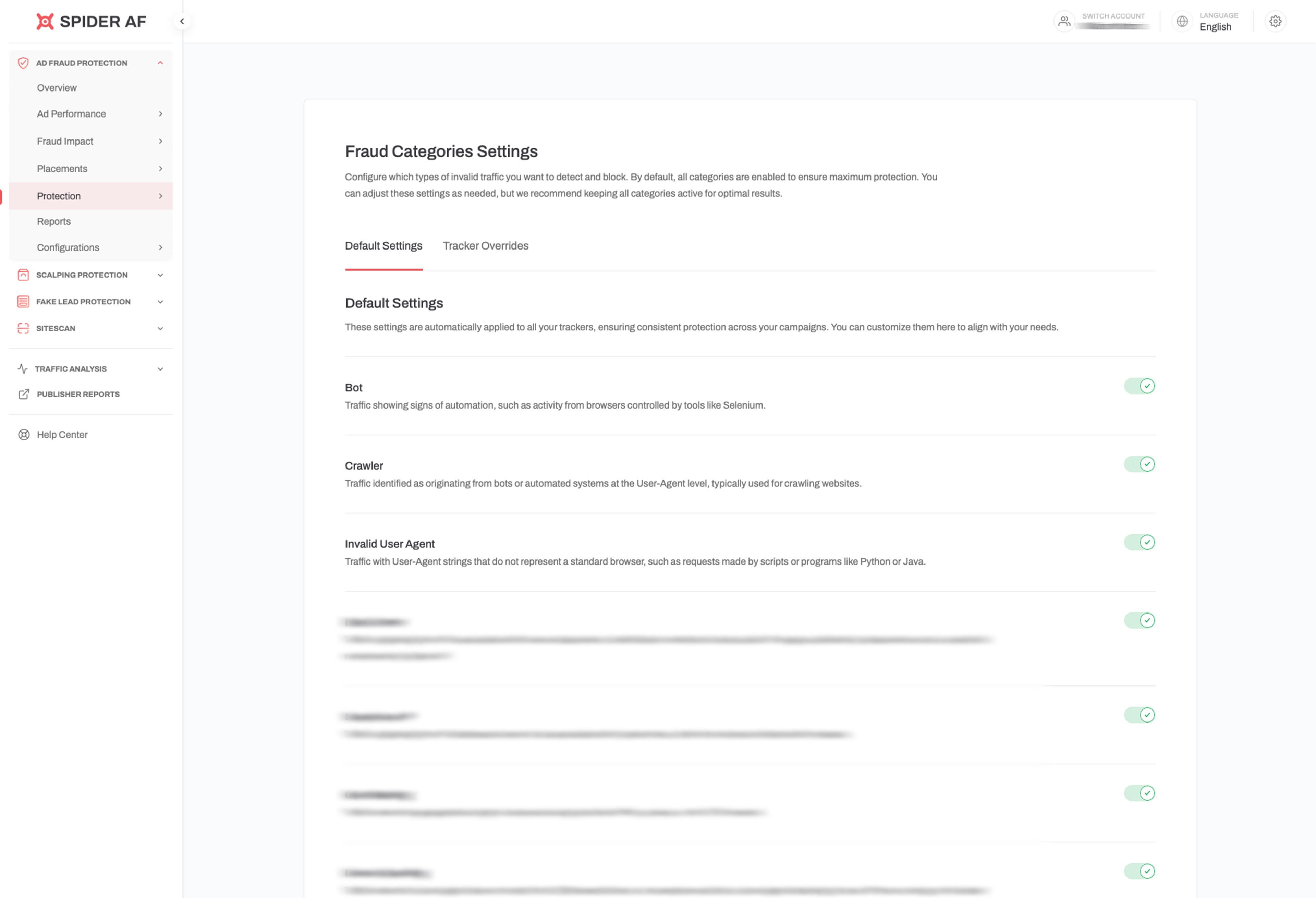 Spider AF Dashboard — Fraud Categories Settings with toggles for Bot, Crawler, Invalid User Agent, Data Center, Suspicious IP, Geo Masking, Device Spoofing detection