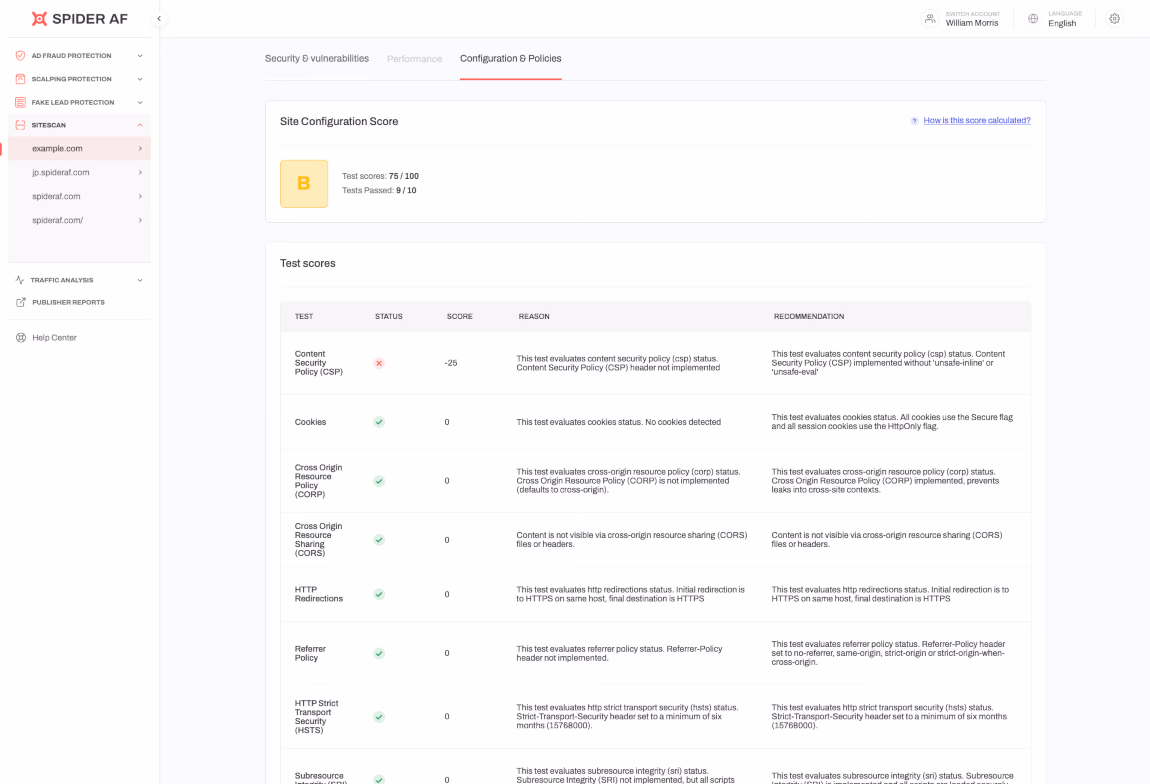 Automated security policy diagnostic UI for CSP, cookies, CORS, and more
