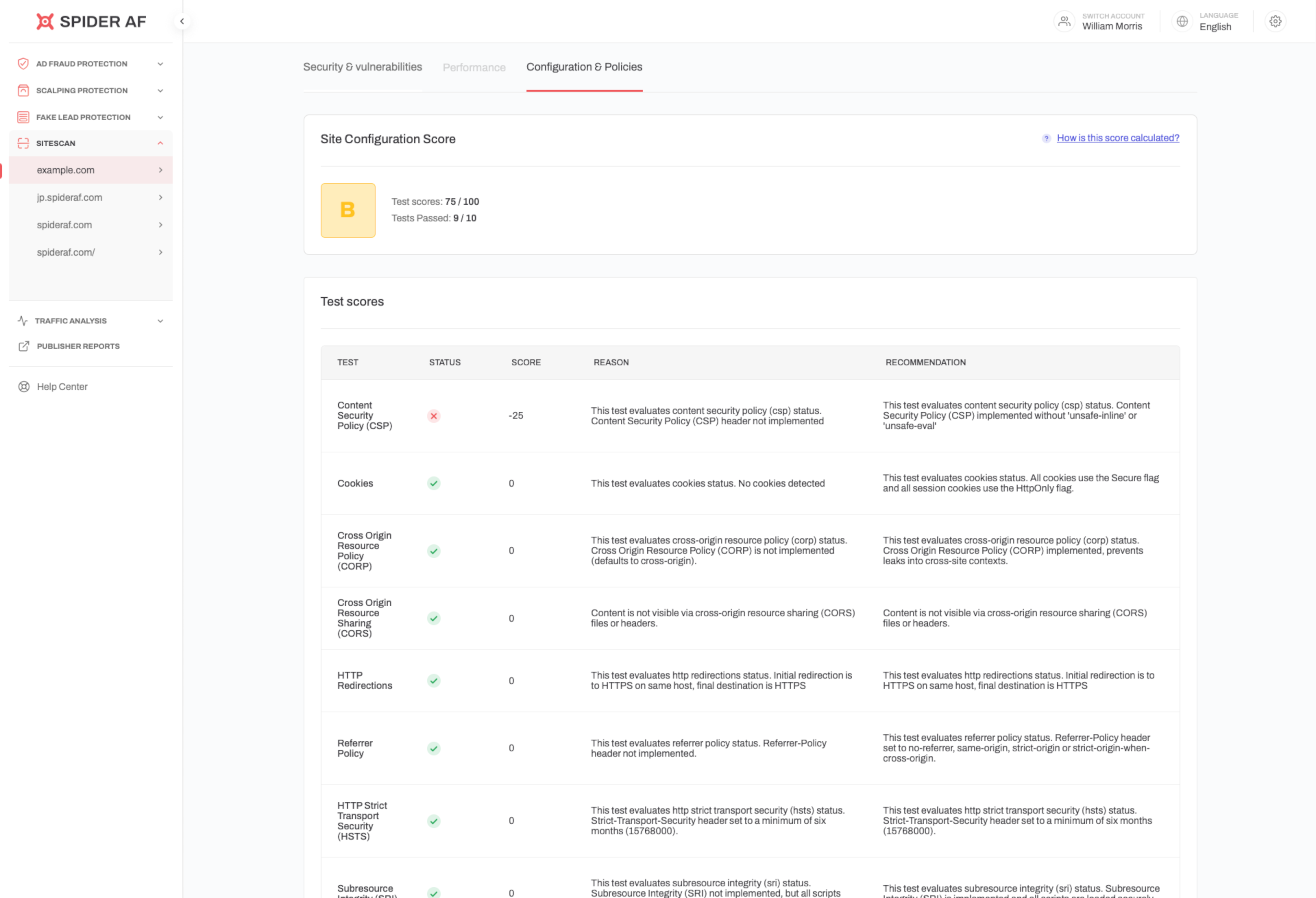 Automated security policy diagnostic UI for CSP, cookies, CORS, and more