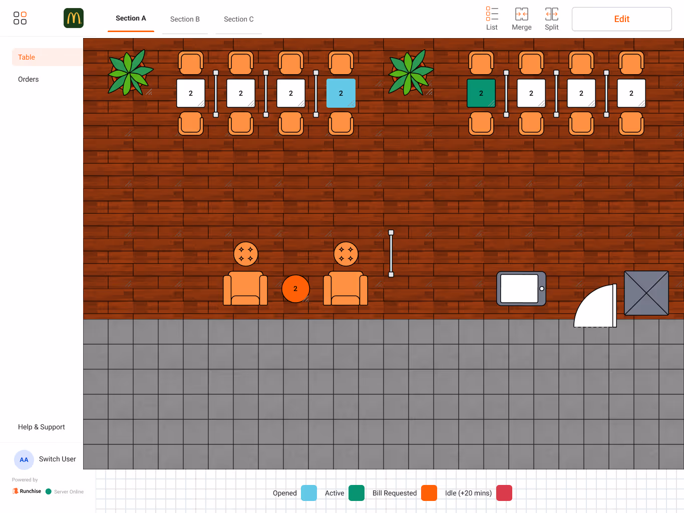Digital restaurant table management interface showing Section A with tables for two guests, some tables marked opened in blue, bill requested in green, and idle over 20 minutes in orange.