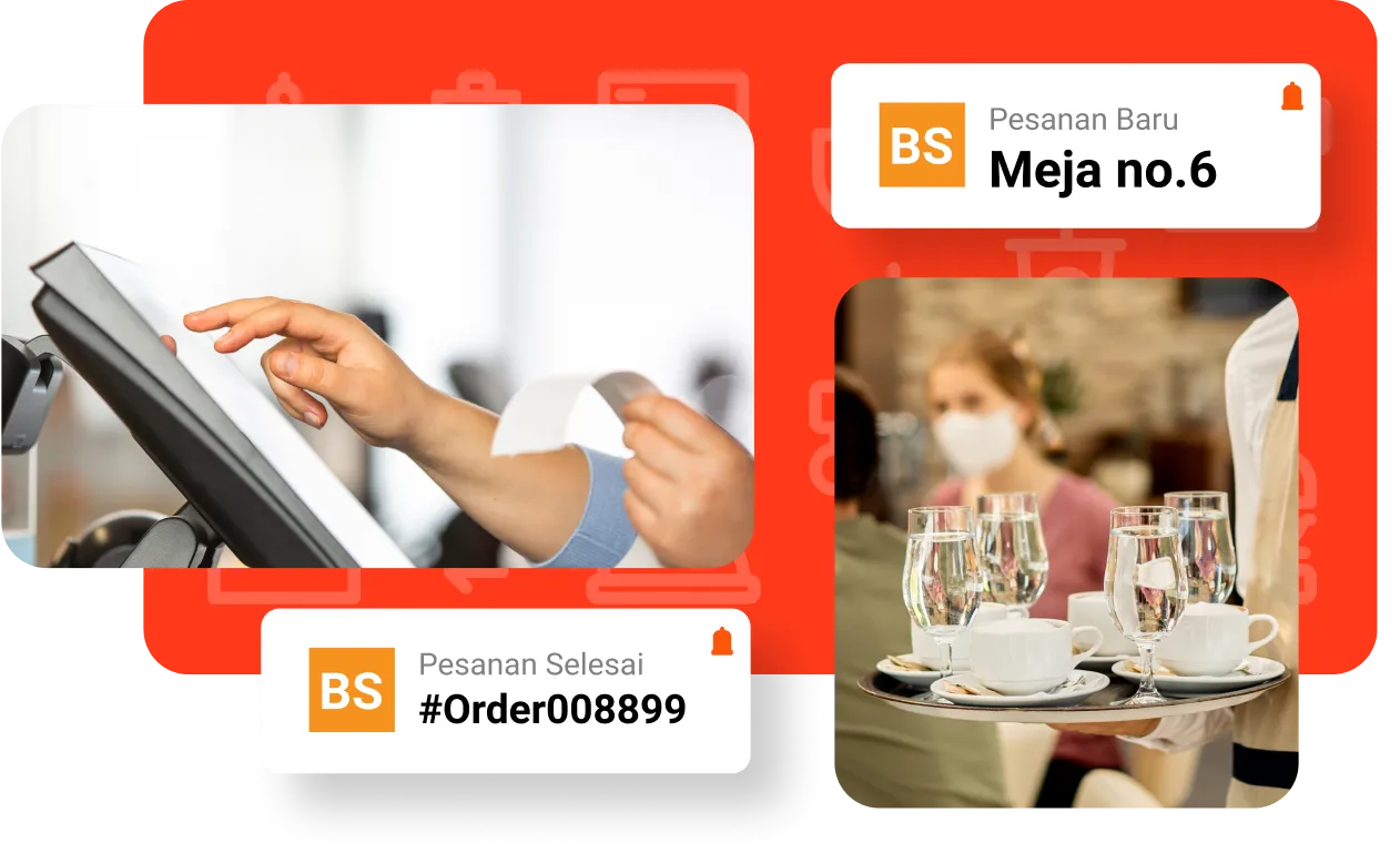 Person using touchscreen point-of-sale system with receipt and waiter carrying tray with glasses and cups in a restaurant.