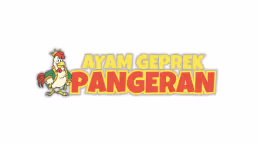 Logo with a cartoon rooster and the text 'AYAM GEPREK PANGERAN' in bold yellow and red letters.