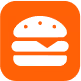 White burger icon with sesame bun on an orange rounded square background.