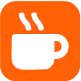 White cup of hot coffee with steam rising on orange square background.