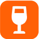 White wine glass icon on an orange rounded square background.