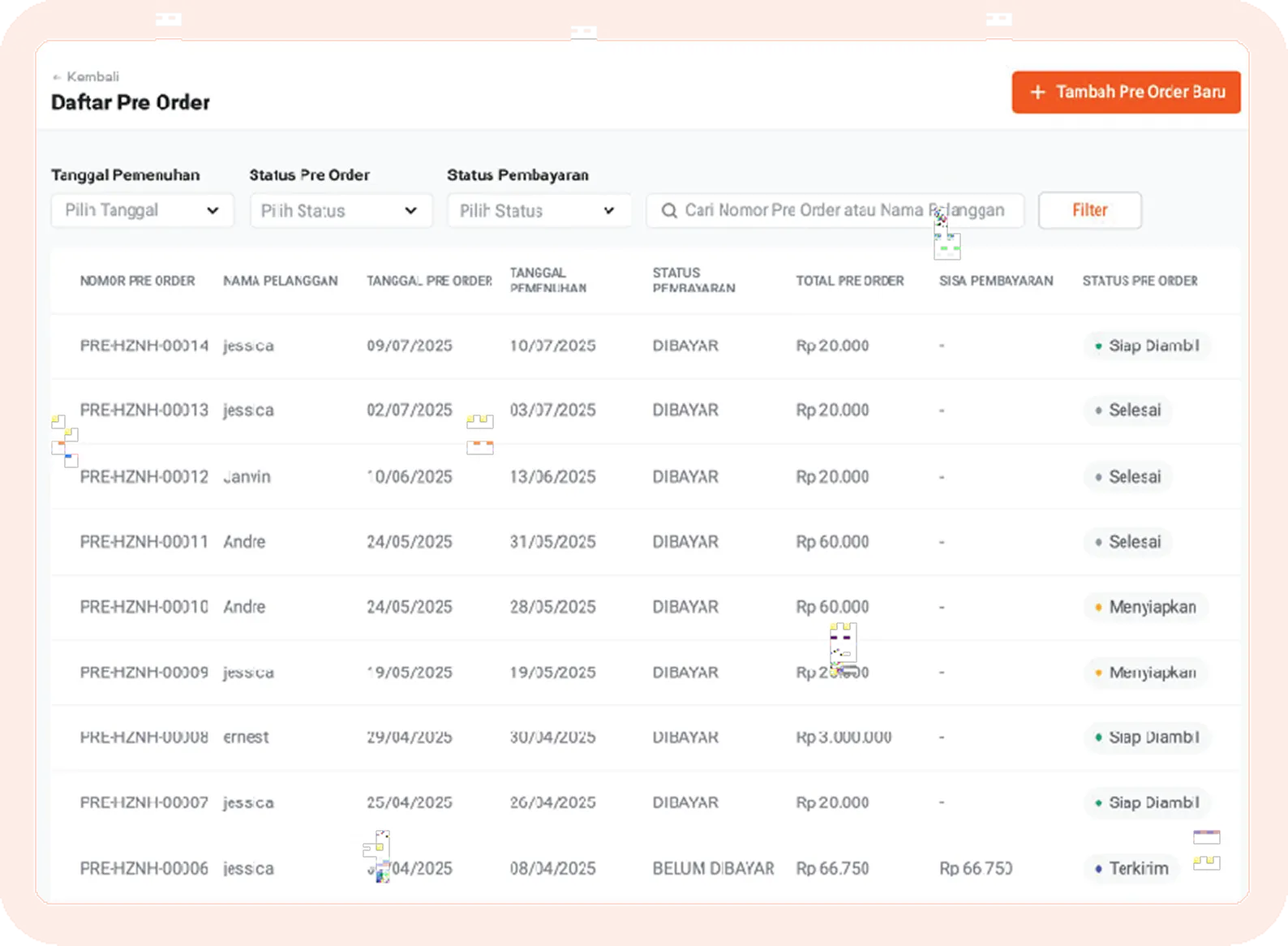 Pre-order list table showing order numbers, customer names, pre-order and fulfillment dates, payment status, total amounts, and order statuses with color-coded labels.