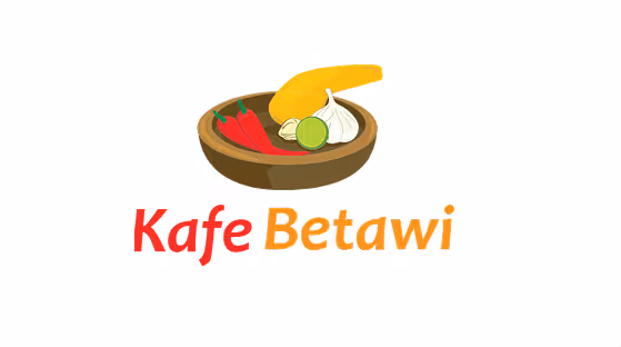 Logo featuring a brown bowl with red chili peppers, lime, garlic, and a yellow chili above the text 'Kafe Betawi' in red and orange.