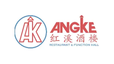 Logo with stylized letters 'AK' inside a blue circle and the text 'ANGKE' with a red upward arrow above the letter K, accompanied by Chinese characters and the phrase 'RESTAURANT & FUNCTION HALL'.