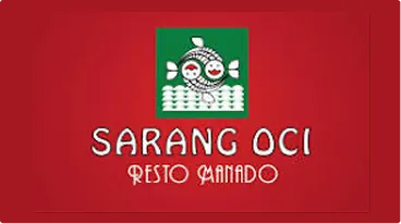 Logo with stylized fish above the text 'SARANG OCI RESTO MANADO' on a red background.