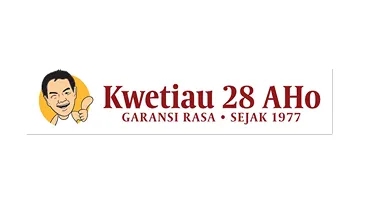 Logo for Kwetiau 28 AHo featuring a cartoon face with a thumbs-up and text reading 'Garansi Rasa · Sejak 1977'.