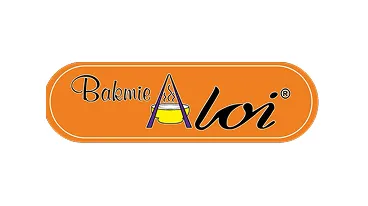 Bakmie Aloi logo with an orange background and a steaming bowl forming the letter A.