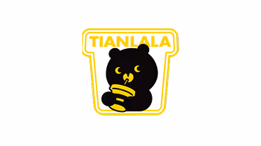 Black bear holding and sniffing a yellow honey dipper under the word ‘TIANLALA’ in yellow inside a rounded square outline.