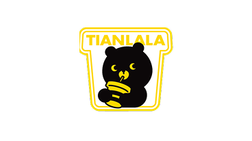 Black bear holding and sniffing a yellow honey dipper under the word ‘TIANLALA’ in yellow inside a rounded square outline.