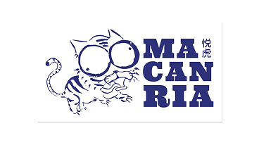Cartoon-style tiger with large glasses next to bold text 'MACANRIA' and small Chinese characters.