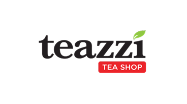 Teazzi tea shop logo with a green leaf accent on the letter 'i'.