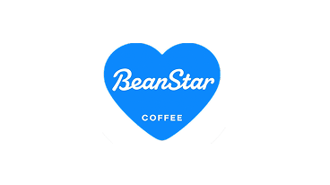 Blue heart shape with the word 'BeanStar' in cursive and 'COFFEE' in uppercase below it.