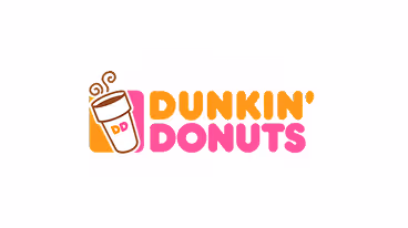 Dunkin' Donuts logo with a steaming coffee cup icon and bold orange and pink text.