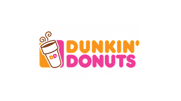 Dunkin' Donuts logo with a steaming coffee cup icon and bold orange and pink text.