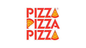 Pizza Pizza logo with the words 'PIZZA PIZZA PIZZA' in red and slices of pizza replacing the letter A.