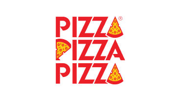 Pizza Pizza logo with the words 'PIZZA PIZZA PIZZA' in red and slices of pizza replacing the letter A.